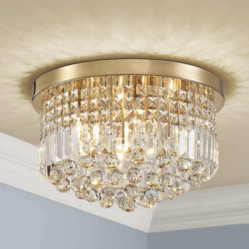 Modern K9 Crystal Raindrop Chandelier Lighting, Flush Mount Ceiling Light, Perfect for Dining Room Bathroom Bedroom Livingroom, 9 x E12 Bulbs, H11 x D20, Clear Crystal & Brass Canopy A100-B09DFNRNN4