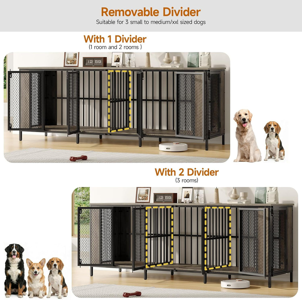 Gray Dog Crate Furniture TV Stand with 3-Room Kennel
