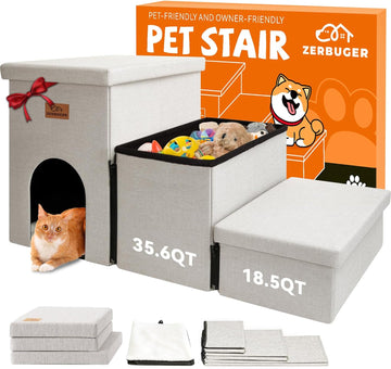 Dog Stairs with Storage, Beige 3 Steps Dog Ramp with Condo for Bed