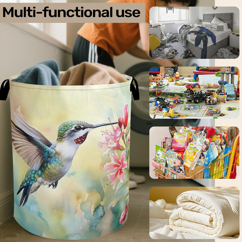 Summer Hummingbird Laundry Basket with Handles - Extra Large Foldable Hamper /Laundry/Bedroom/Dorm, Washable Fabric