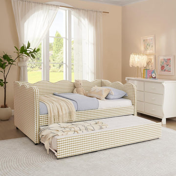 Twin Size Gingham Daybed with Trundle and USB Ports | Upholstered Daybed Living Room Guest Room-Brown