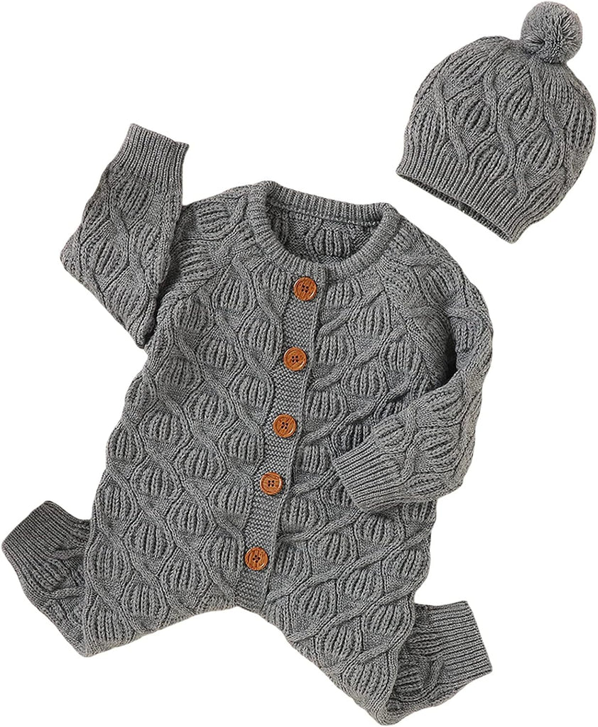 Newborn Baby Boys Girls 2Pcs Fall Winter Outfits Long Sleeve Solid Cable Knit Rompers Onesie+Knitted Hat Sets