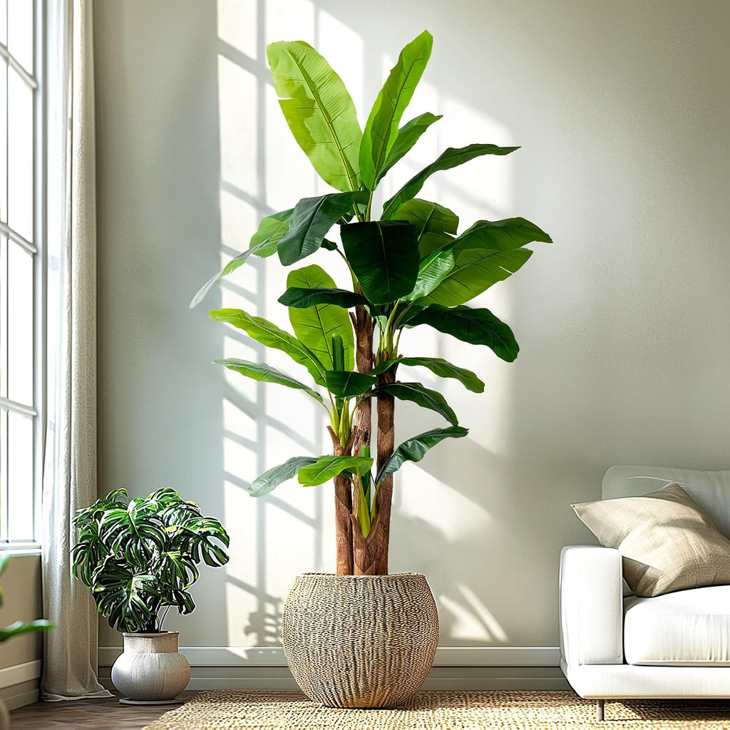 8.2FT Artificial Banana Tree, Lifelike Fake Banana Leaf Tropical Silk Tree, Easy Assembly Faux Floor Plant with