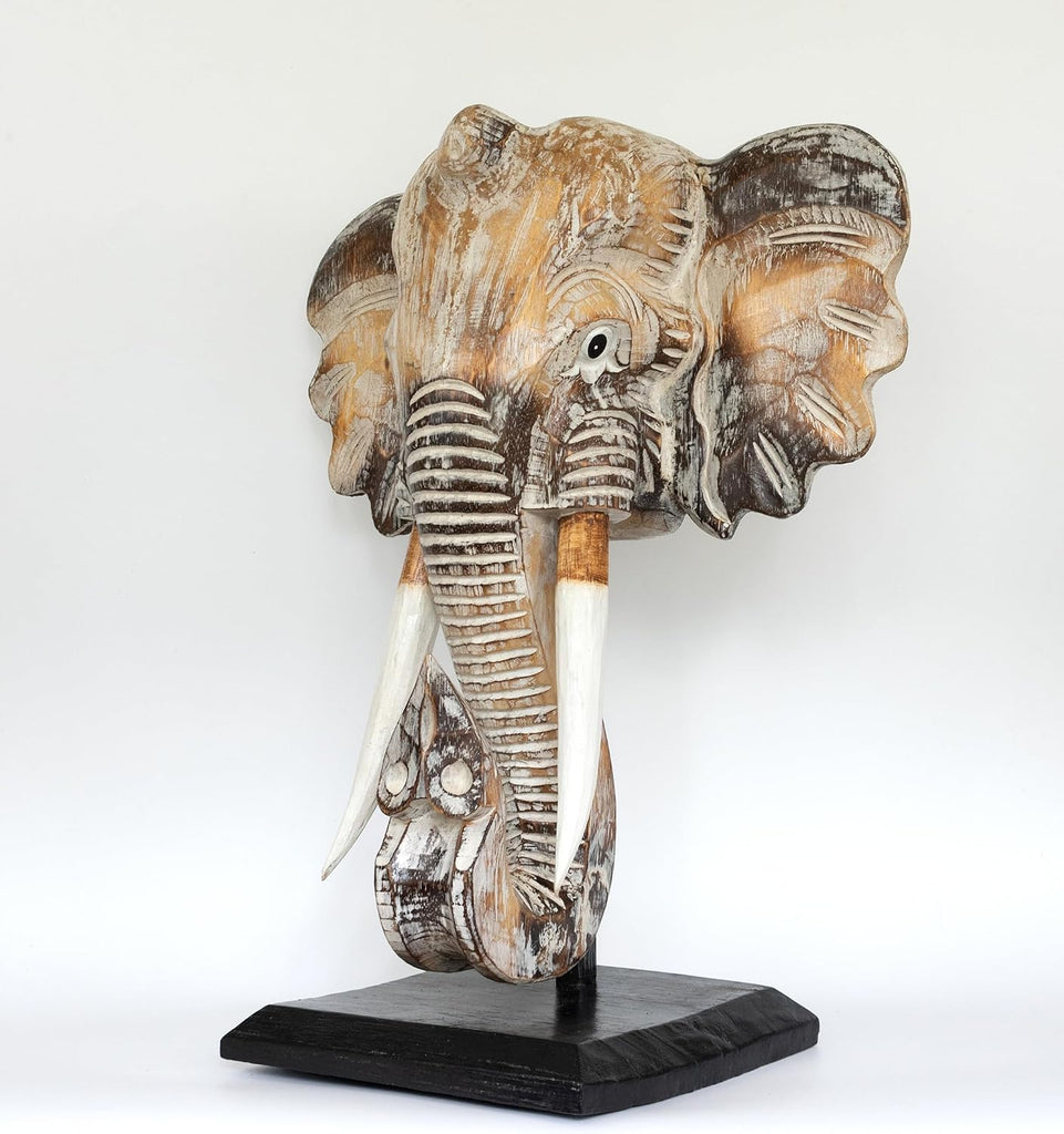 14" Exotic Handcrafted Wooden White Wash Elephant Mask Bust Statue on Stand Sculpture Home Decor Hand Carved Art