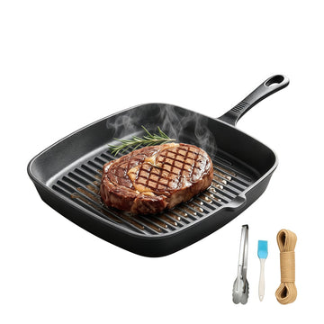 Cast Iron Grill Pan, 9.5" Square Griddle Skillet with Pour Spout, Oven Safe