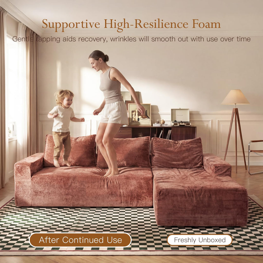 95" Boneless Couch, L-Shape Sectional with Right Chaise, Rust Red