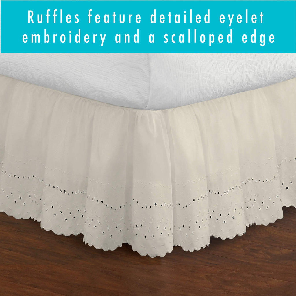 Ideas Ruffled Eyelet Bed Skirt Dust Ruffle with Gathered Styling and Embroidered Details, 18" Drop Length, King, Ivory