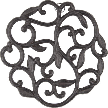 Cast Iron Trivet for Hot Dishes, Pots, and Pans, Metal Trivet, Vine Design, Rubber Feet Caps, Ring Hanger, 8 Inches