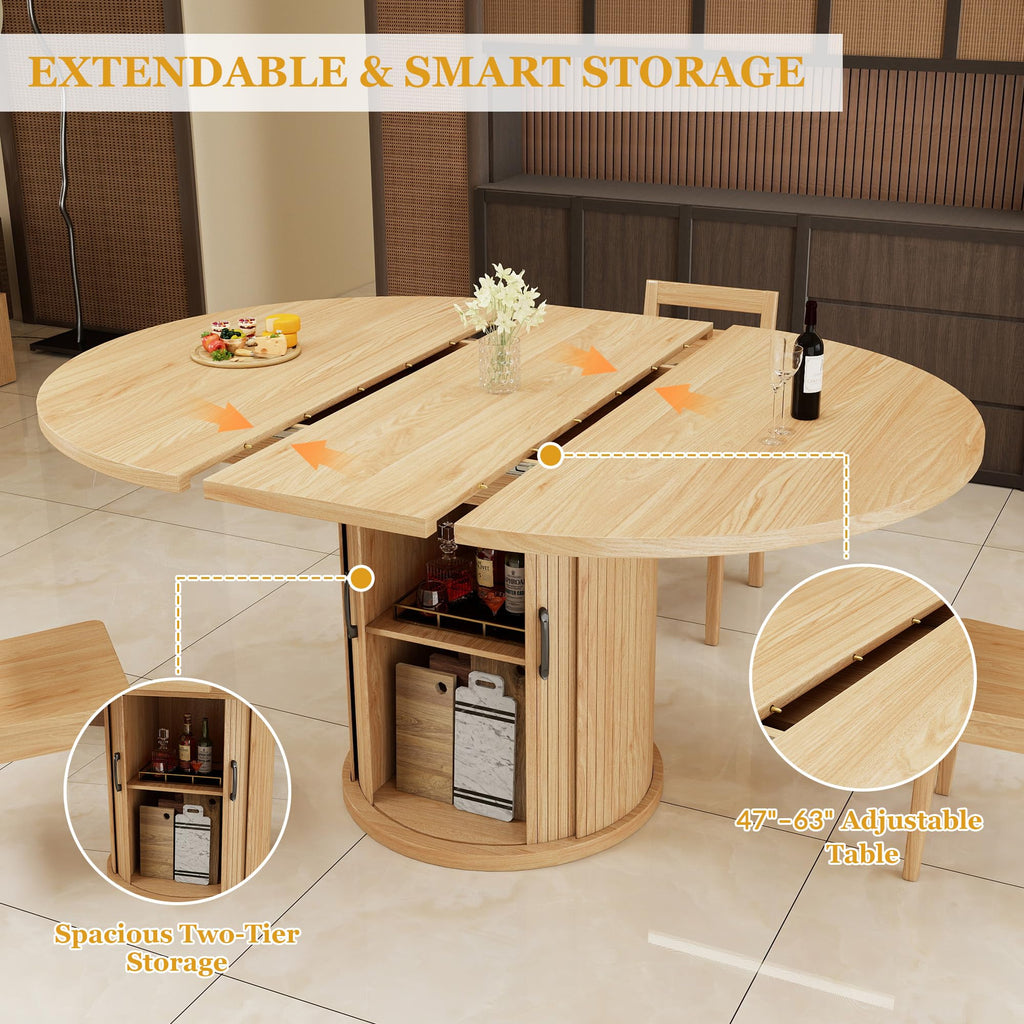 47.2"-63" Extendable Dining Room Table for 4-8, Round-to-Oval Expandable Dining Table with Dust-Proof 2-Tier Shelf