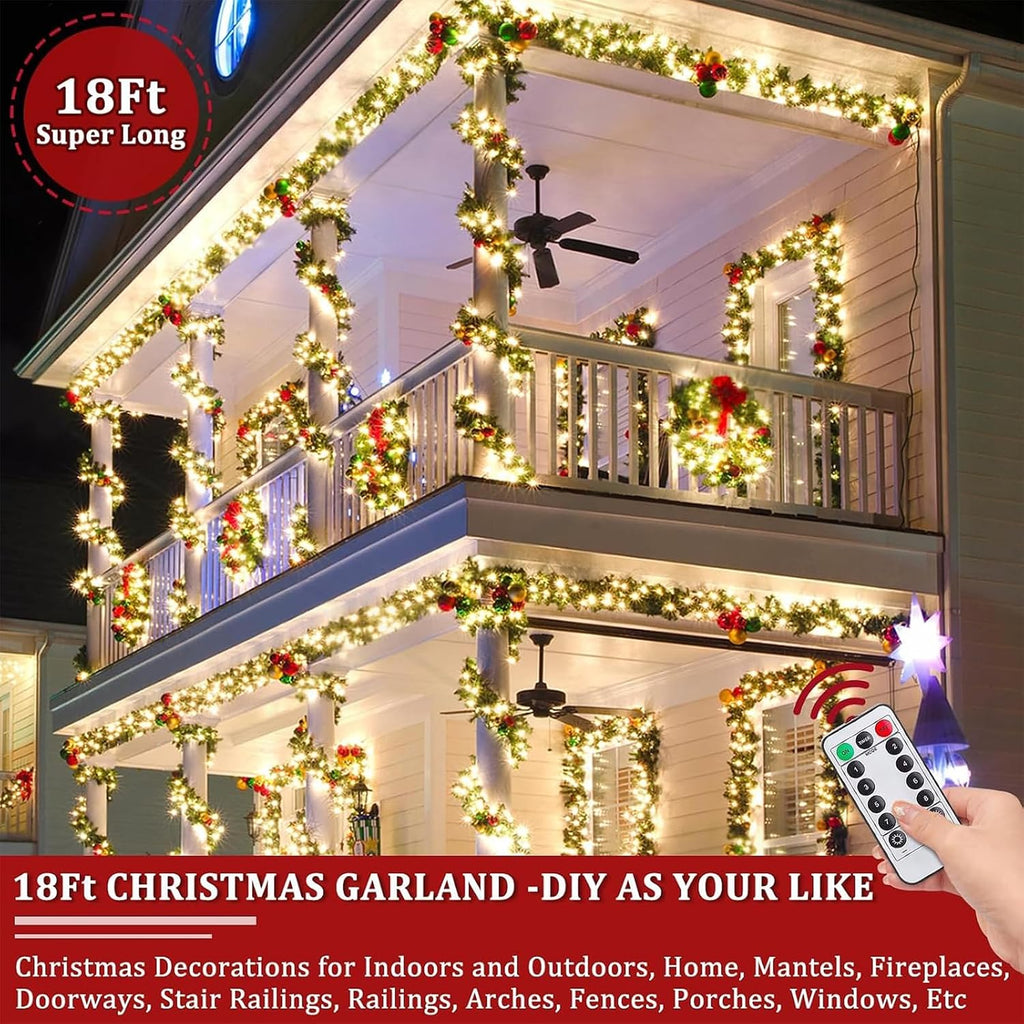 Remote Control&Super Long&8 Modes-18Ft Prelit Snowy Bristle Pine Christmas Garland for Stairs Door Porch Mantle