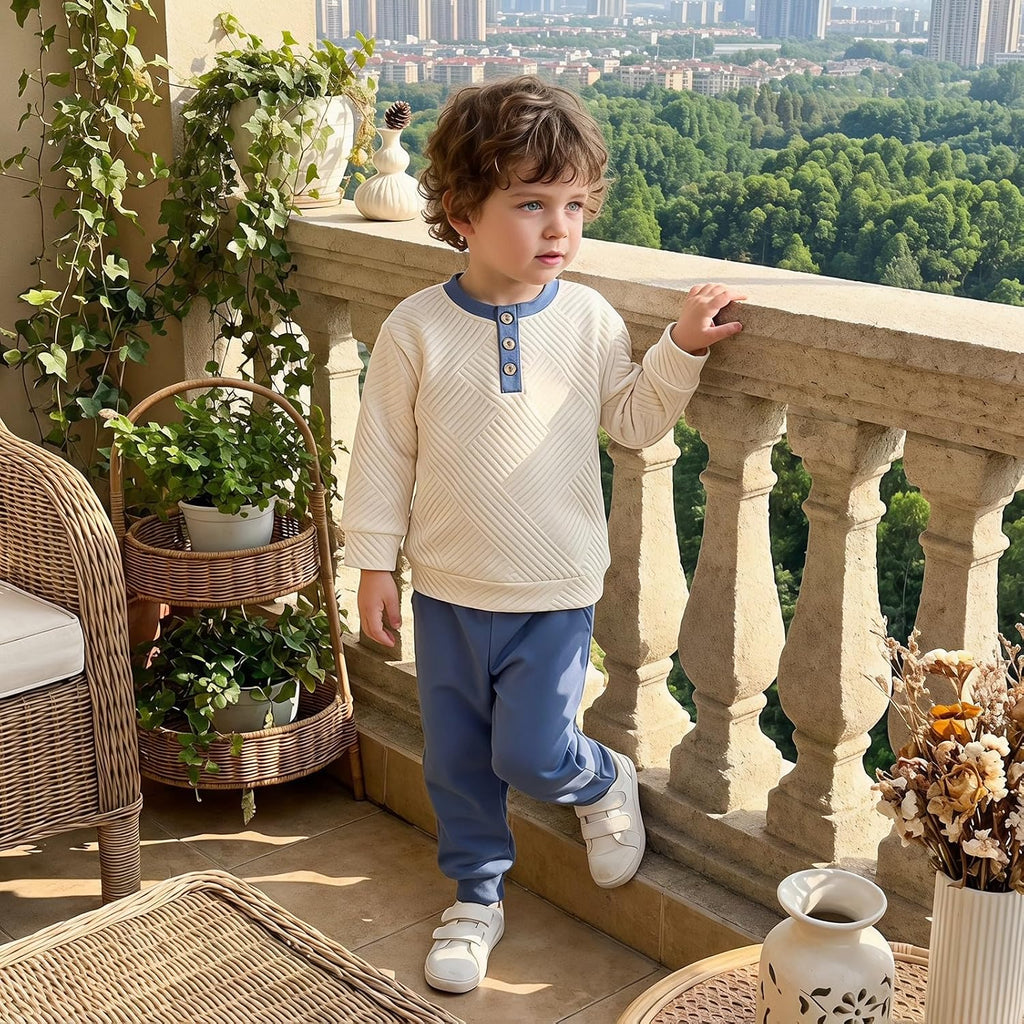 Toddler Boy Fall Winter Clothes Button Crewneck Sweatshirt and Pants Sets