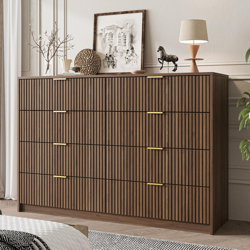 Dresser , 8 Drawer Double Dresser, Modern Chest of Drawers and Closet, 55" L x 15.7" D x 37.4" H, Walnut