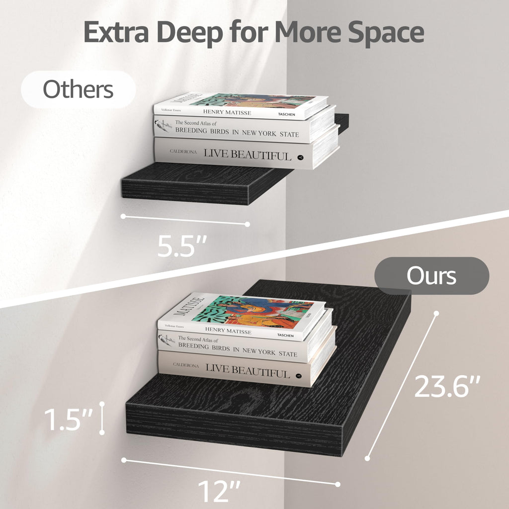 12" Deep Floating Shelves for Wall (Black, Set of 3, 23.6" x 12")