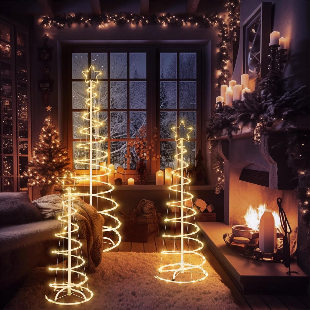 3 Packs Christmas Spiral Tree with Lights, 3/4/5 FT Lighted Xmas Collapsible Tree with Metal Stakes for Indoor &