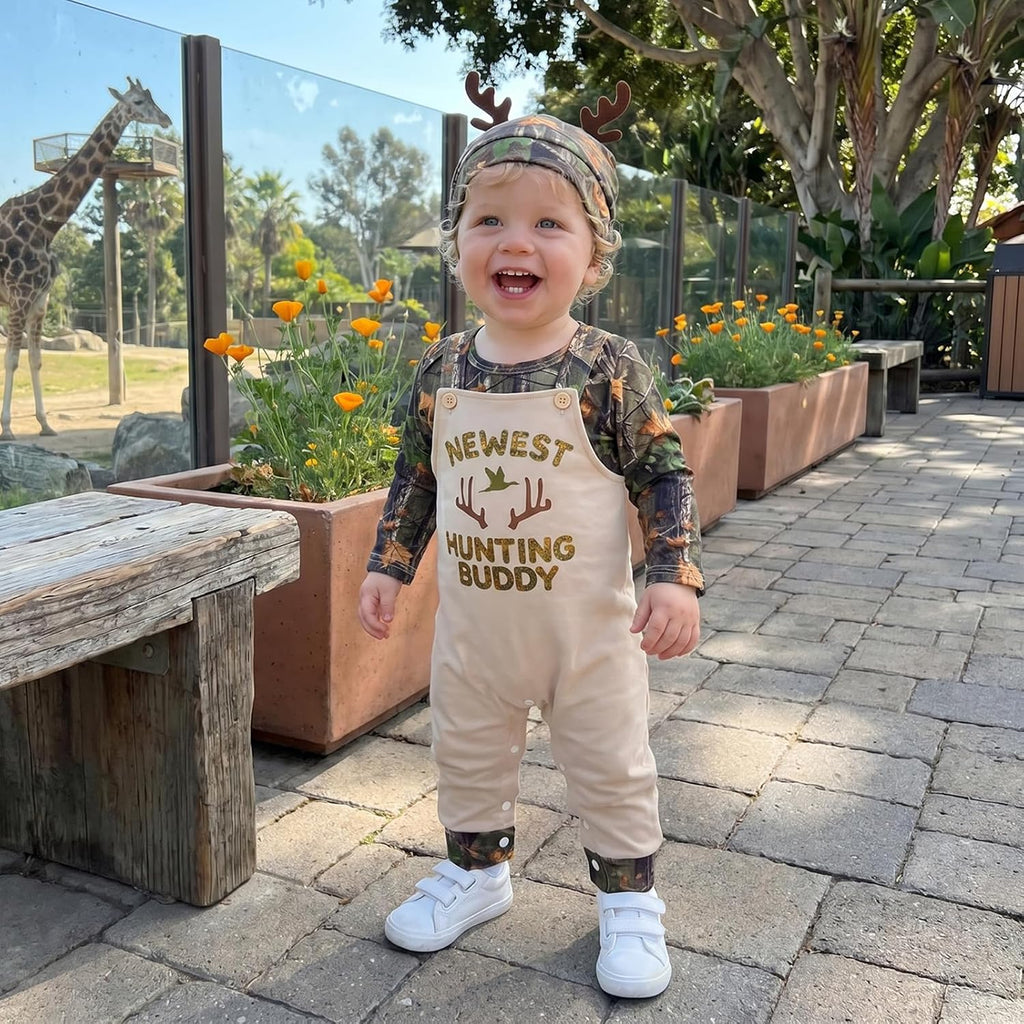 Newborn Baby Boy Fall Clothes Hunting Buddy Long Sleeve Romper Suspender Pants Overall Outfit Hat Set