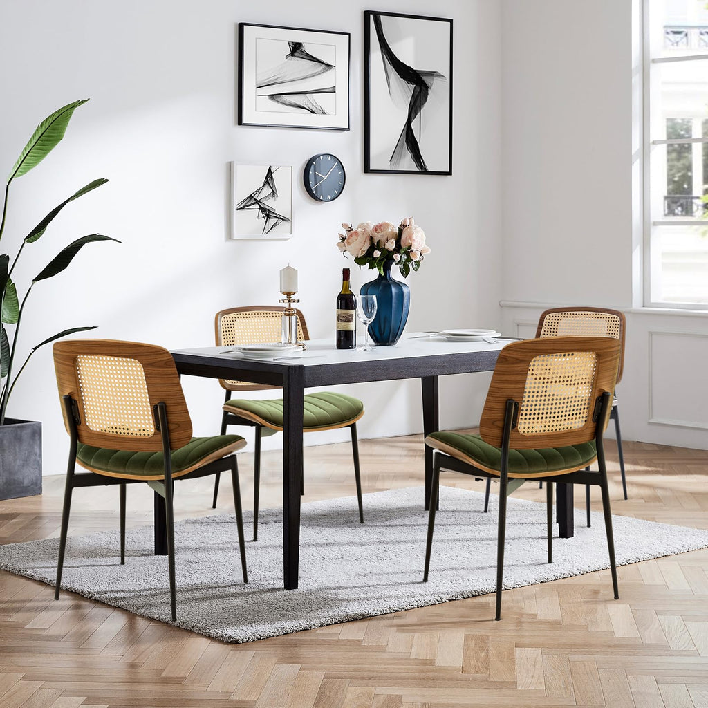 Dining Chairs Set of 2 Mid Century Modern Retro Green Velvet Kitchen Chairs with Walnut Bentwood Upholstered Seat
