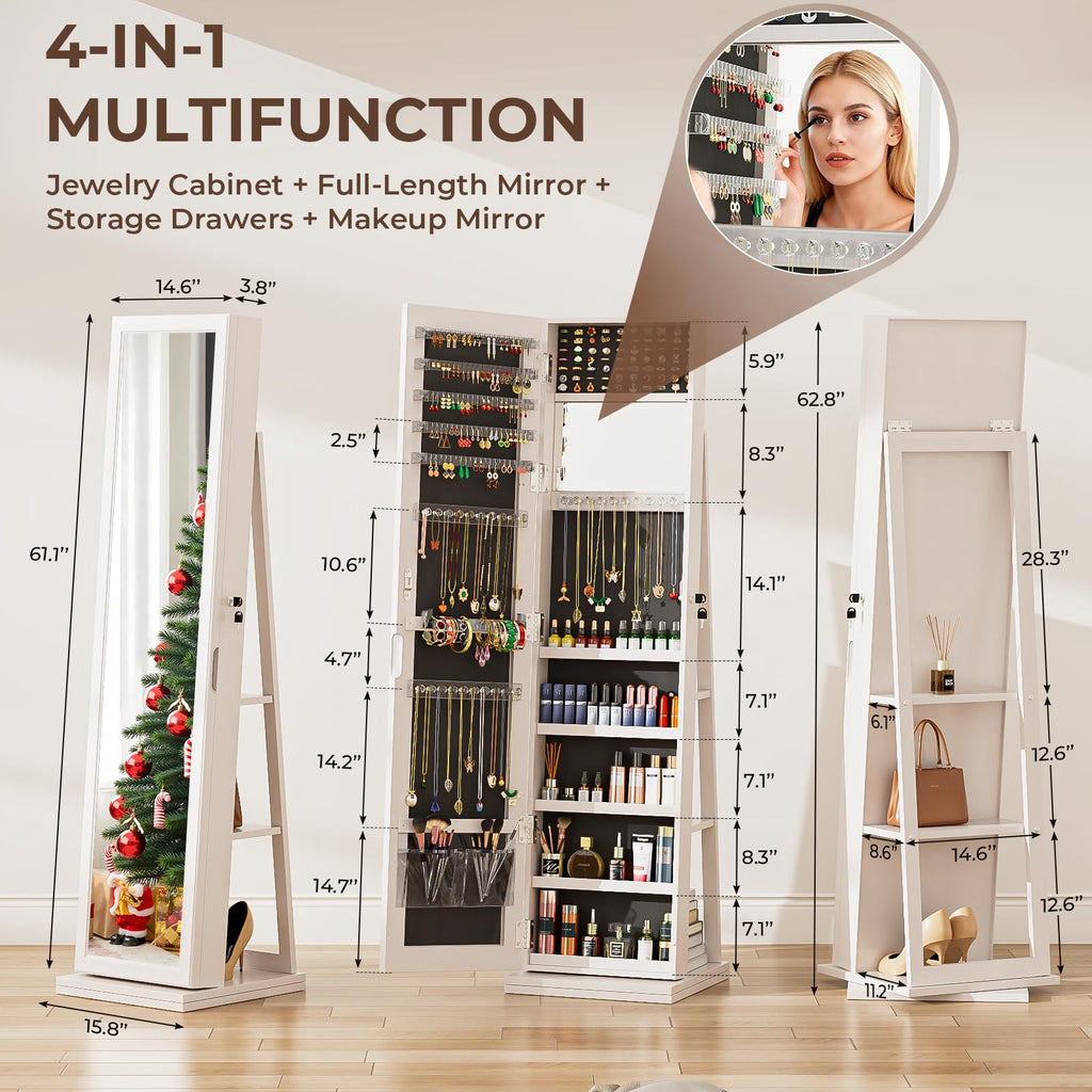 4-In-1 Jewelry Armoire with Jewelry Organizer Storage, White