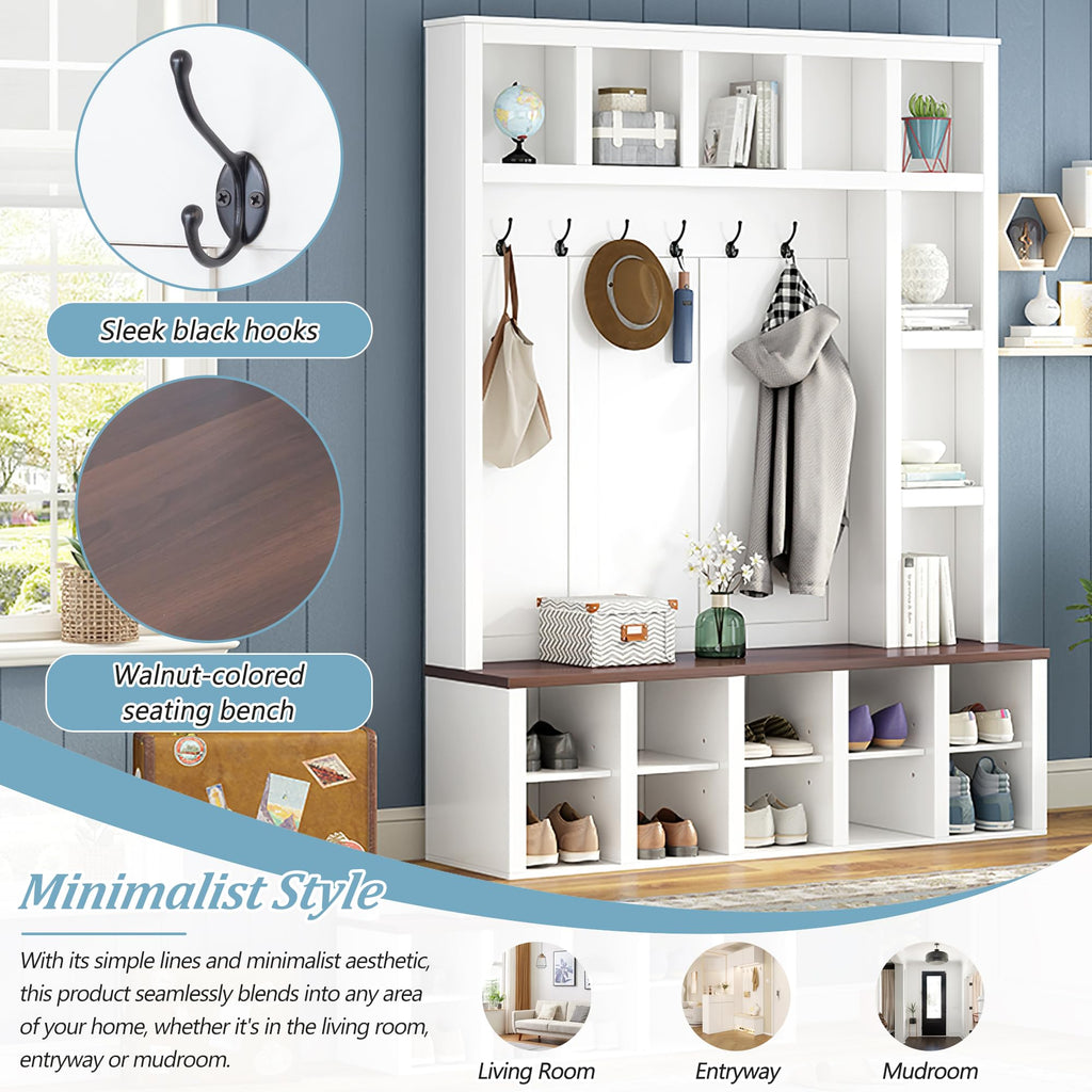 Versatile 59'' Wide Hall Tree with 6 Hooks and Multiple Storage Space, Farmhouse Practical Walnut Storage Bench with