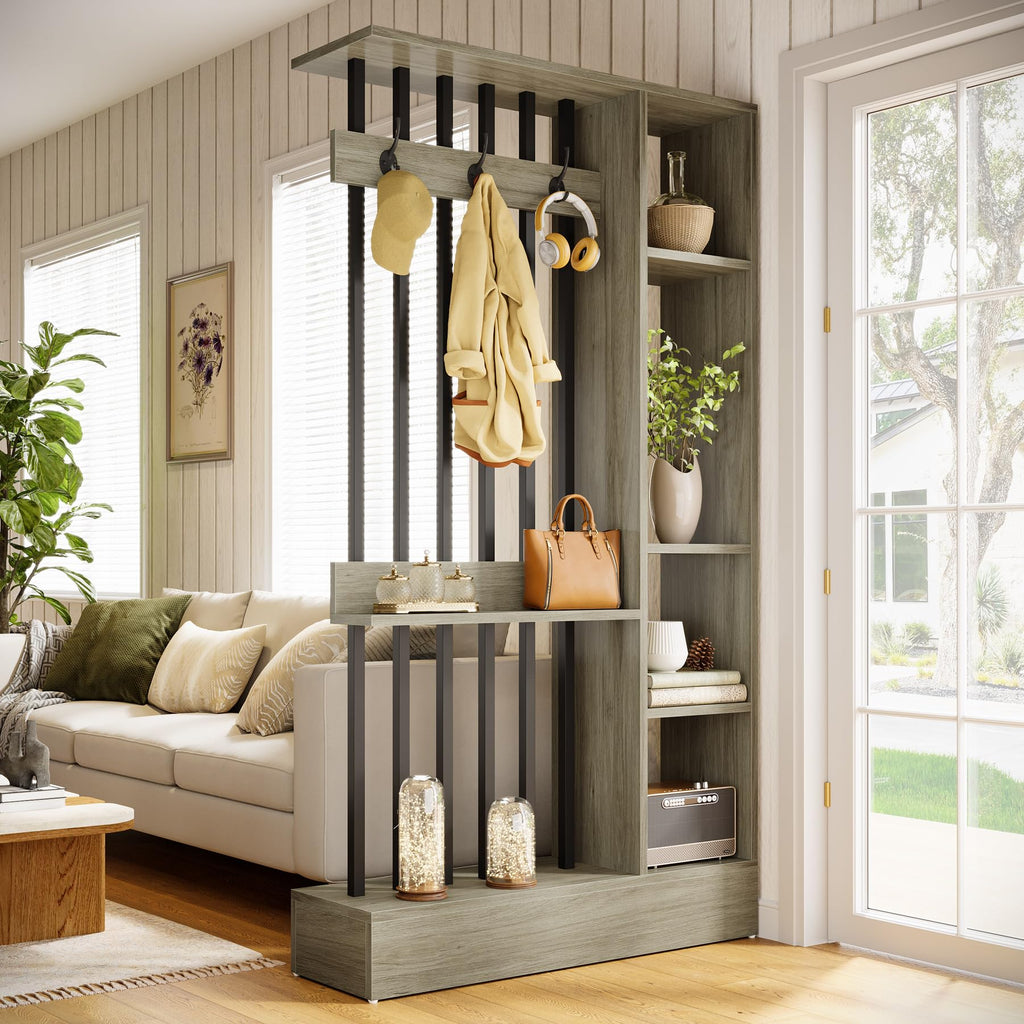 Wall Room Divider, Wood Freestanding Room Divider Bookcase with Shelves & Coat Hooks, 71" Modern Wall Partition