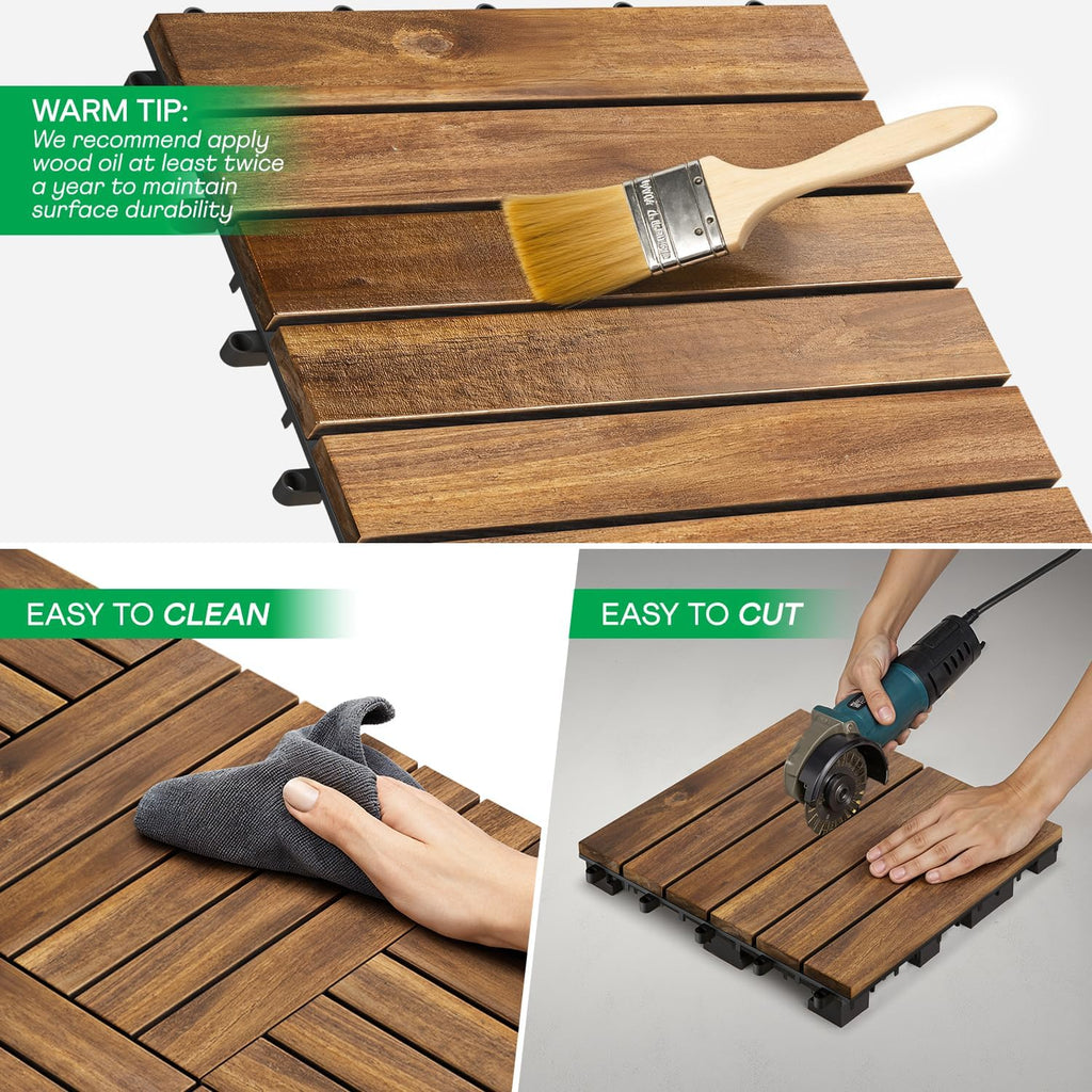 Interlocking Deck Tiles 9.6 SQFT - 10PCS Waterproof Acacia Wood Patio Tiles, Flooring Tiles for Indoor and Outdoor