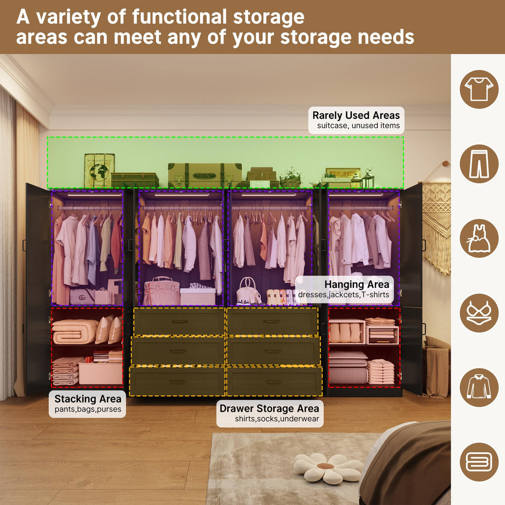 75" Tall Farmhouse 8 Doors Armoire Wardrobe Closet with 6 Drawers and LED, Freestanding Closet Wardrobe Cabinet with