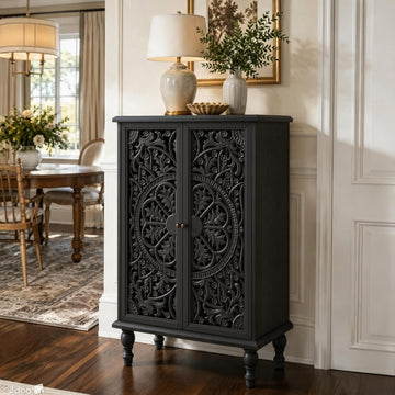 2-Door Accent Cabinet with Hollow Carved Doors and Adjustable Shelf, Farmhouse Carved Sideboard with Turned Legs