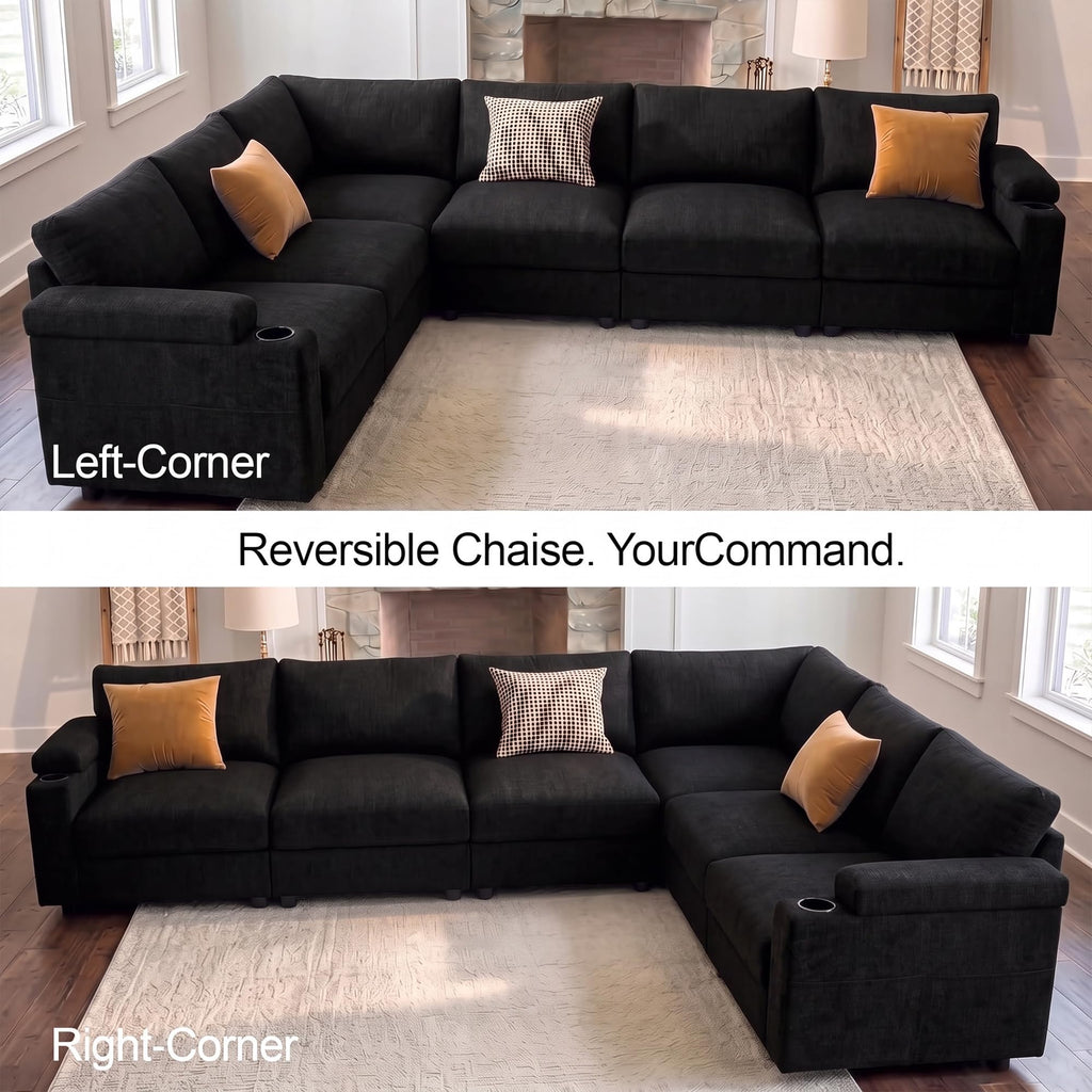 Sectional couches, Oversized Modular Cloud U Shaped Couch, FSC Certified Chenille, Removable Chaise Sofa (Black, L