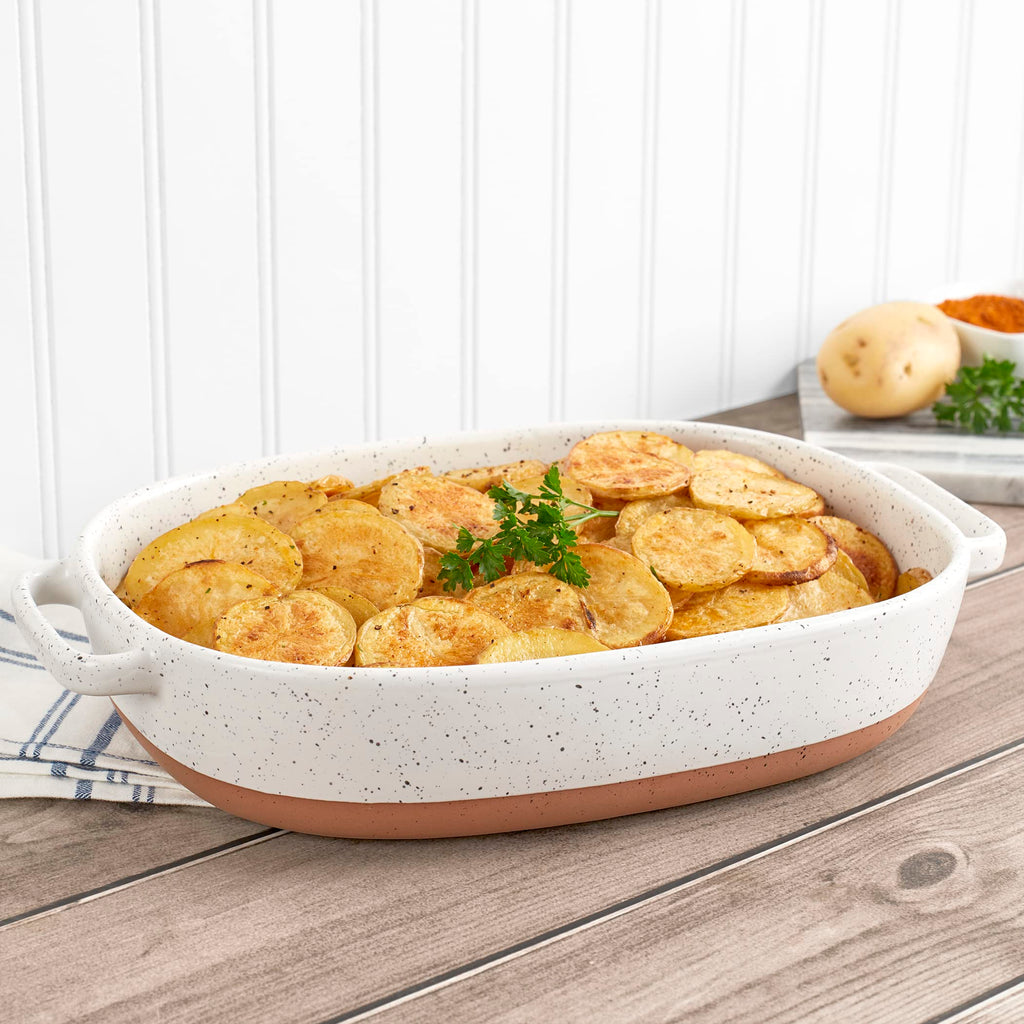 2.4 Quart Speckled White Oval Stoneware Baking Dish Casserole Pan with Handles