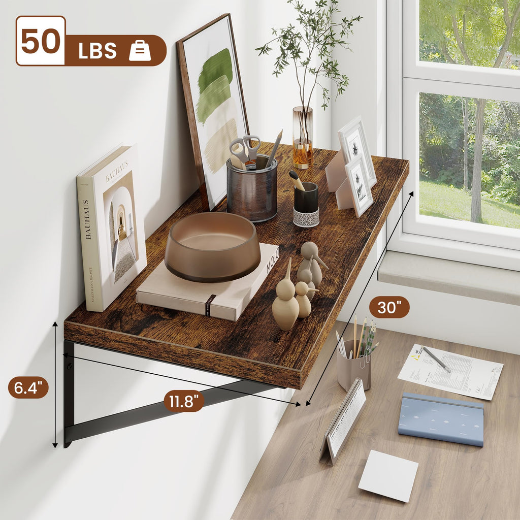 12" Deep Wall Shelves with Metal Brackets, 30" Wide, Rustic Brown, 2pcs