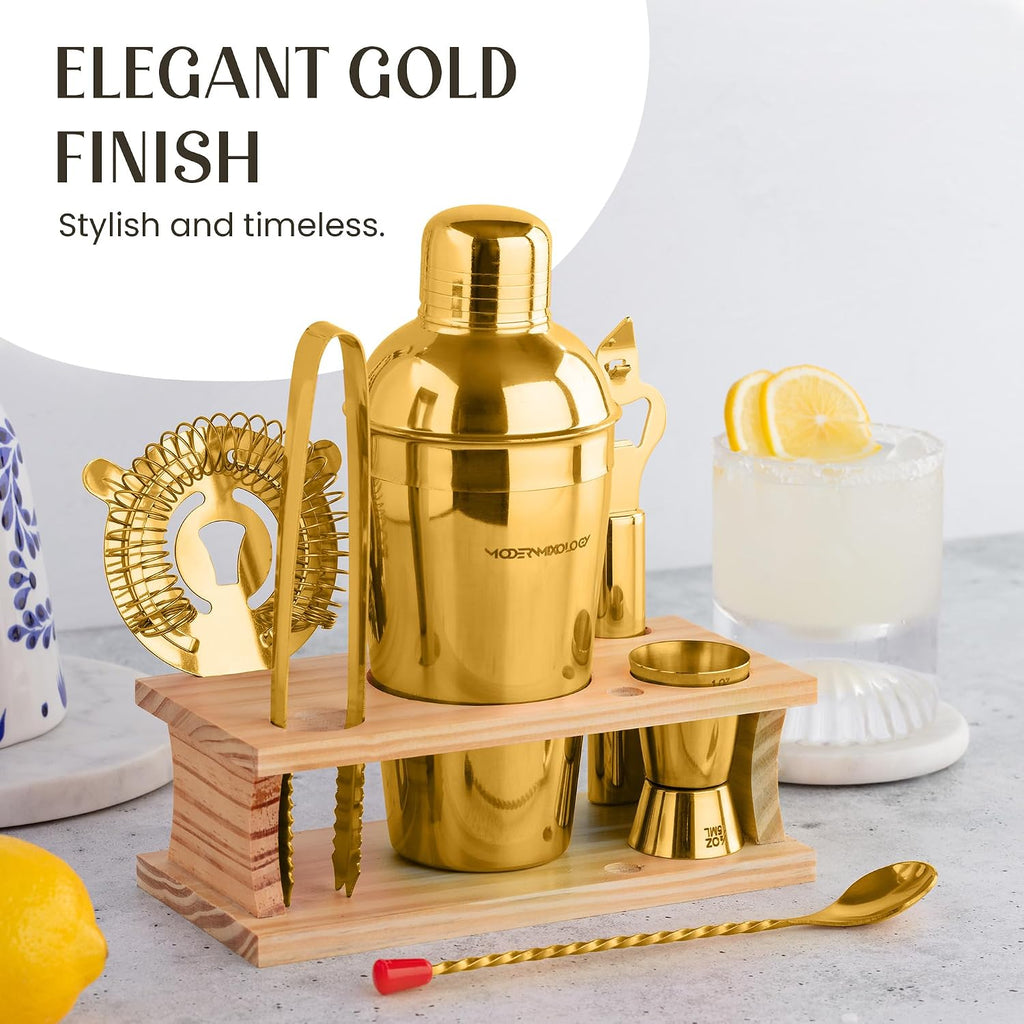 Cocktail Shaker Set - Bartender Kit with Pine Stand | Leak-Proof Design | Includes Martini Shaker, Jigger, Strainer - Set of 8