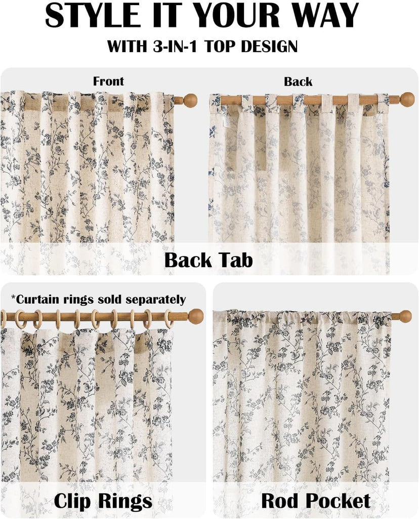 Taupe Vintage Floral Linen Curtains Farmhouse 50W X 84L 2 Panels