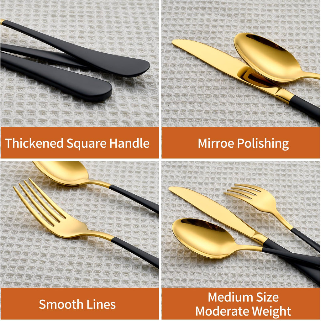 20 Piece Gold and Black 18/0 Flatware Utensil Set for 4, Include Dinner Knife,Dinner Forks,Dinner Spoons,Salad