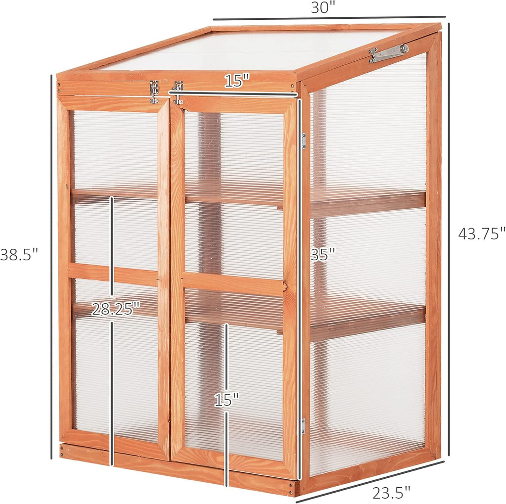 Mini Wooden Greenhouse, Outdoor Gardening Polycarbonate Small Green House with Openable Roof Vent and Shelves, Cold