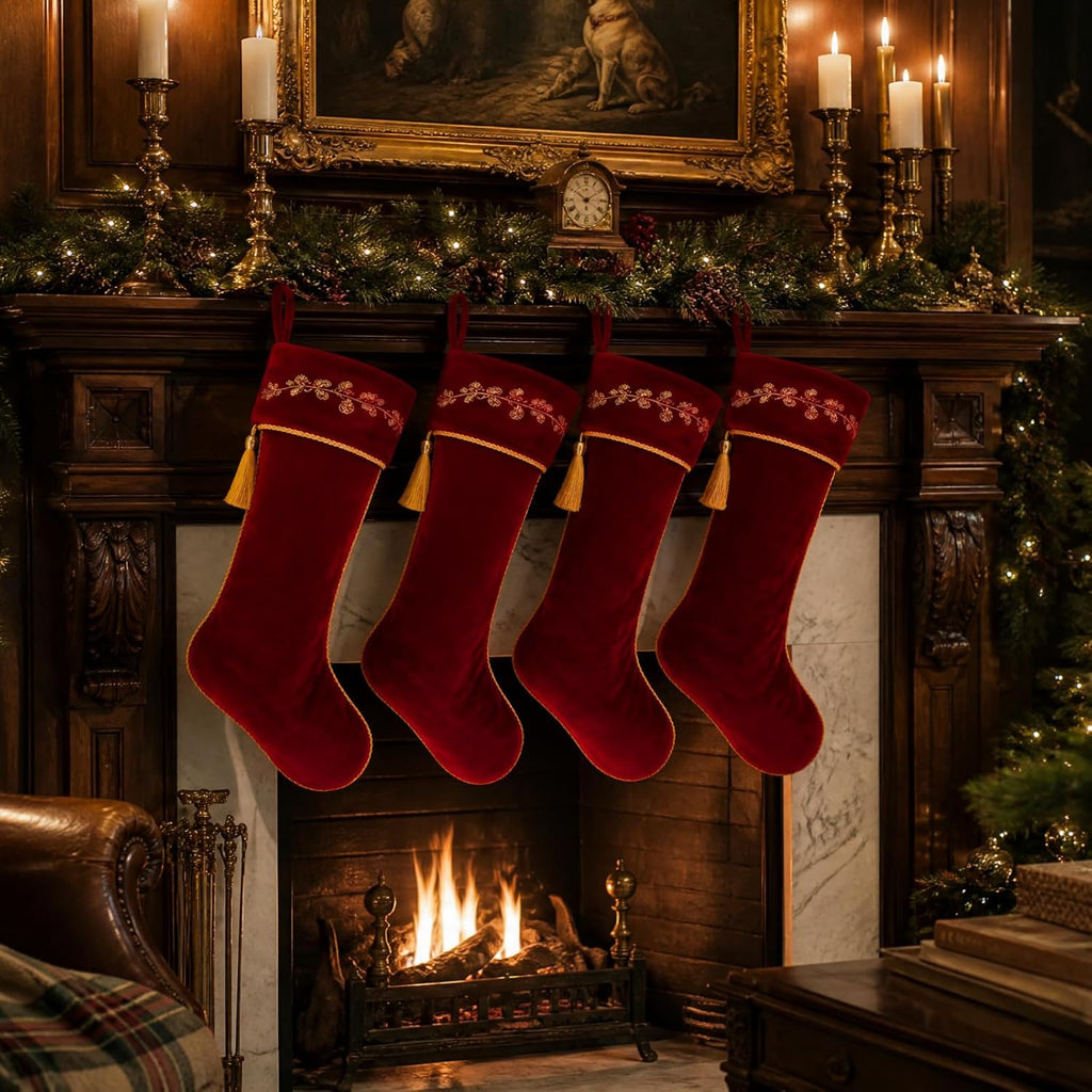 4 Pcs 18 Inch Burgundy Luxury Velvet Christmas Stockings Holly Embroidered Christmas Stocking Stockings with Gold
