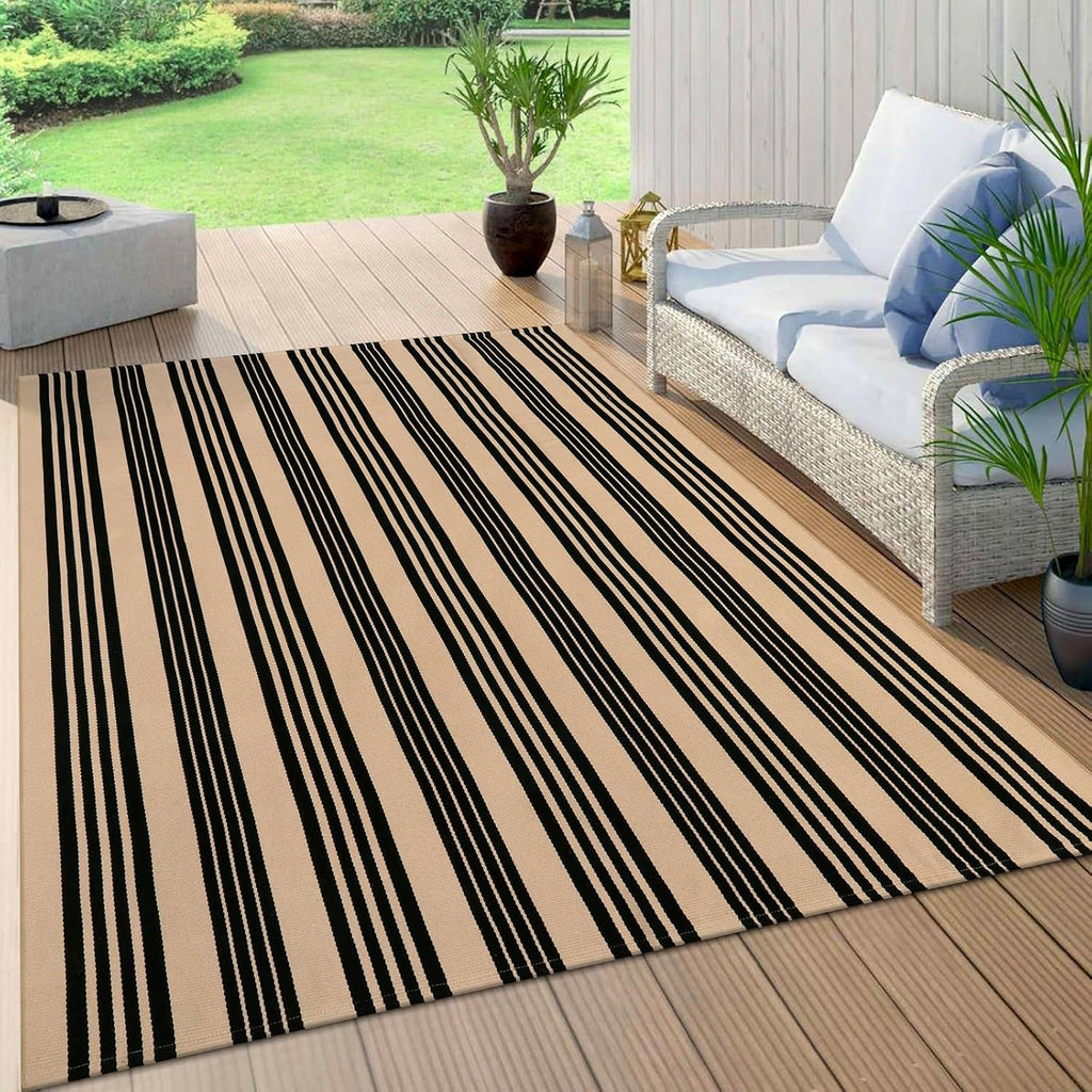 Outdoor Patio Rug 5'x7', Black and Tan Striped Outdoor Rugs Machine Washable Area Rugs Cotton Hand W