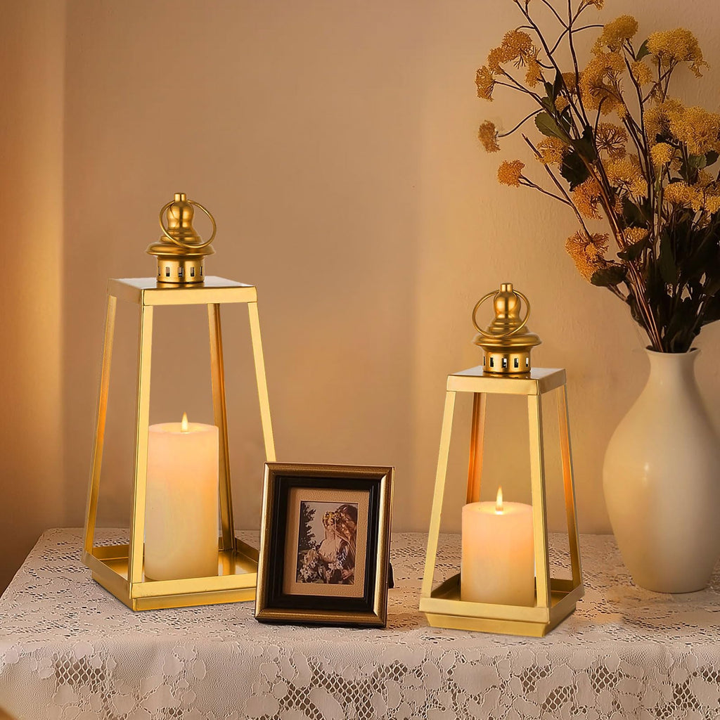 Gold Metal Lantern Decorative Indoor, Set of 2 Wedding Decor