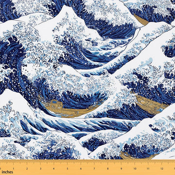 Japanese Wave Fabric By The Yard Cartoon Ocean Upholstery Fabric Fishing