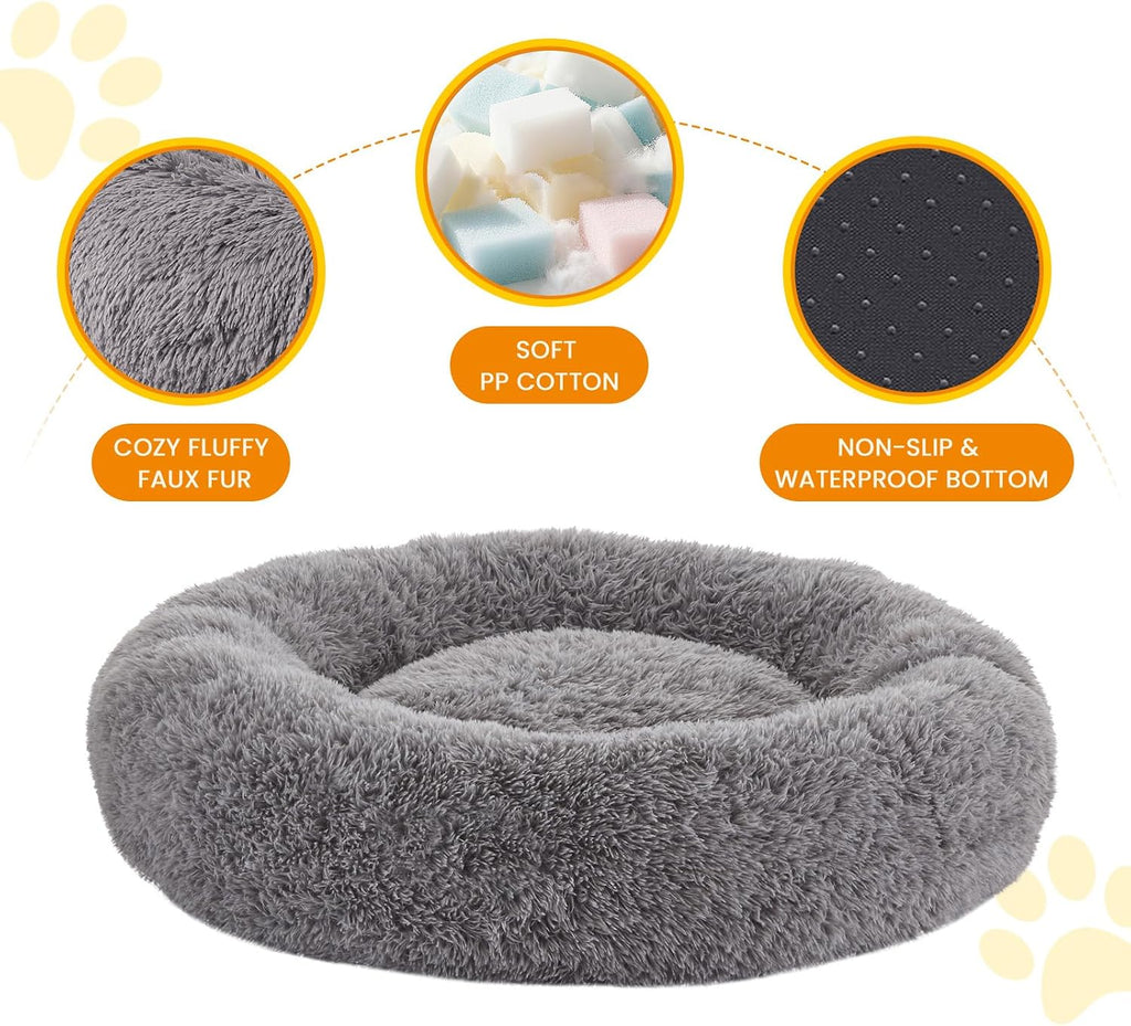 Calming Dog Beds for Large Dogs, Faux Fur Donut Cuddler Dog Bed, Round Fluffy Pillow, Washable Pet Bed for Dogs Up to