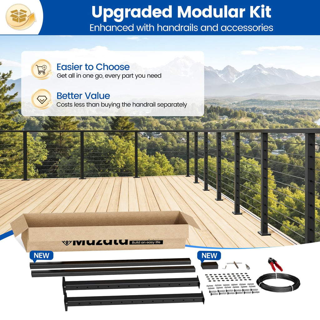 20-24ft Modular Black Cable Railing Kit with Handrail 42 Inch RW03