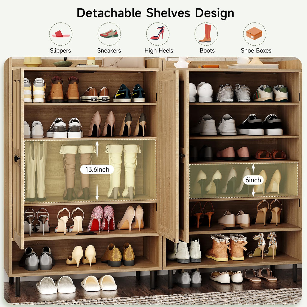 Shoe Cabinet with Cross Molding Doors, 6-Tier Storage(Natural Oak)