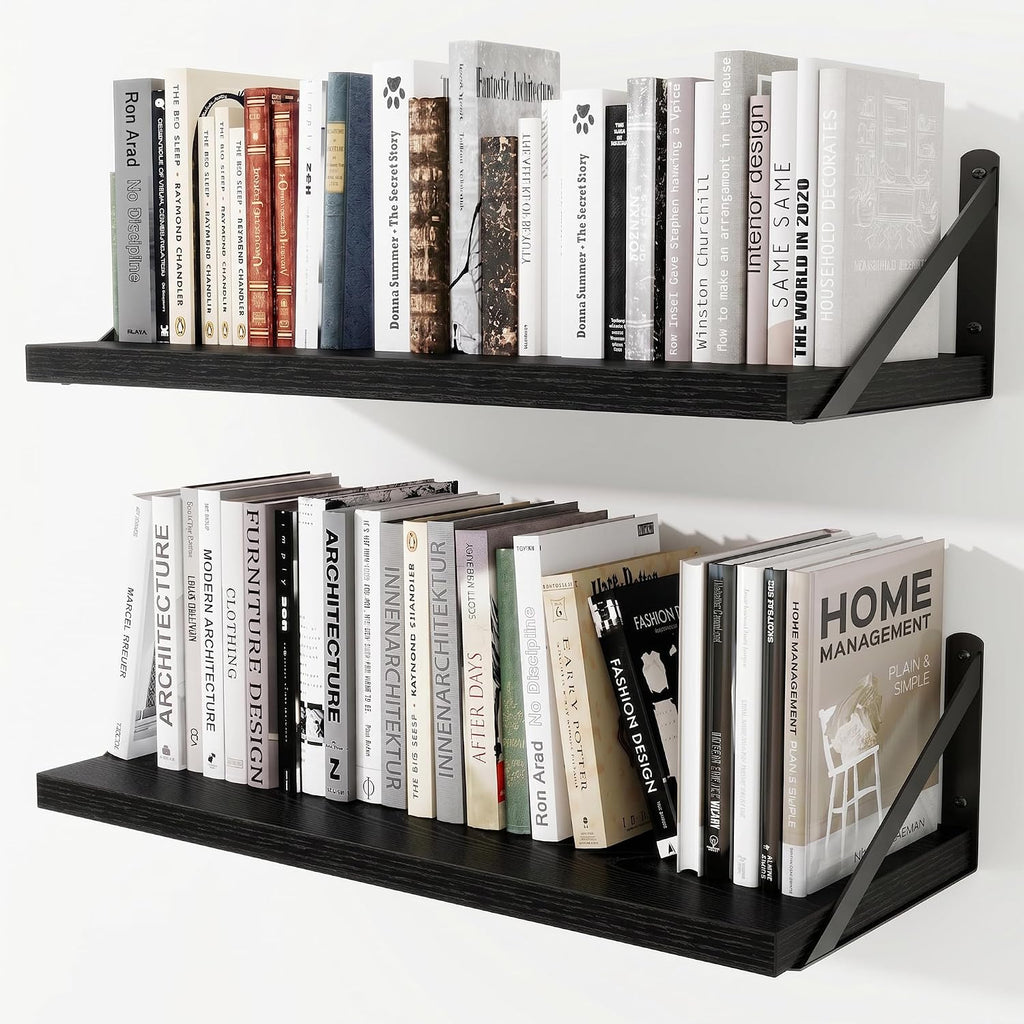 Deep Wall Shelves 24"W x 8"D Engineered Wood Floating Shelves for Wall, Sturdy Metal Bracket Bookshelves Home Decor