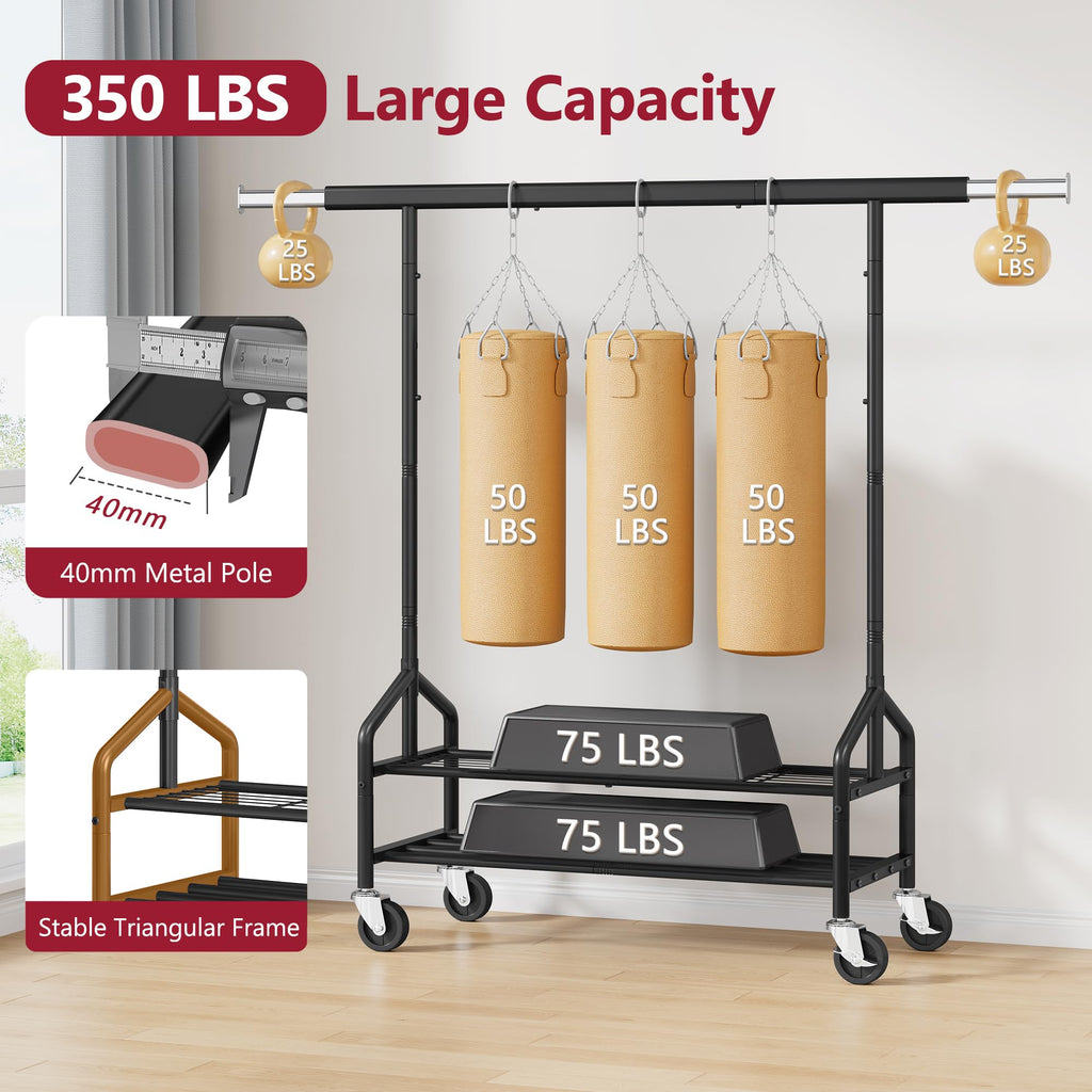 Clothing Rack with 2 Shelves, Heavy Duty Load 350 LBS, Black