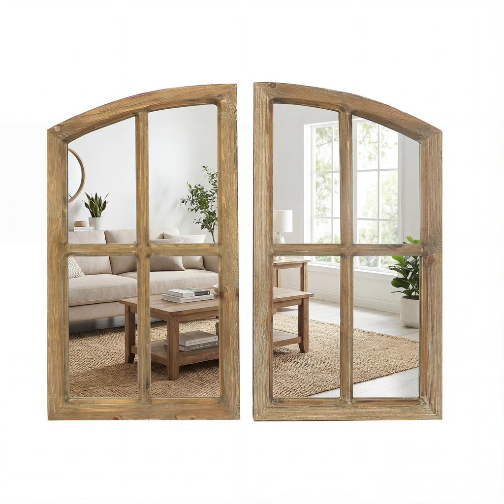 Farmhouse Arched Window Wall Mirrors with Rustic Wood Frame