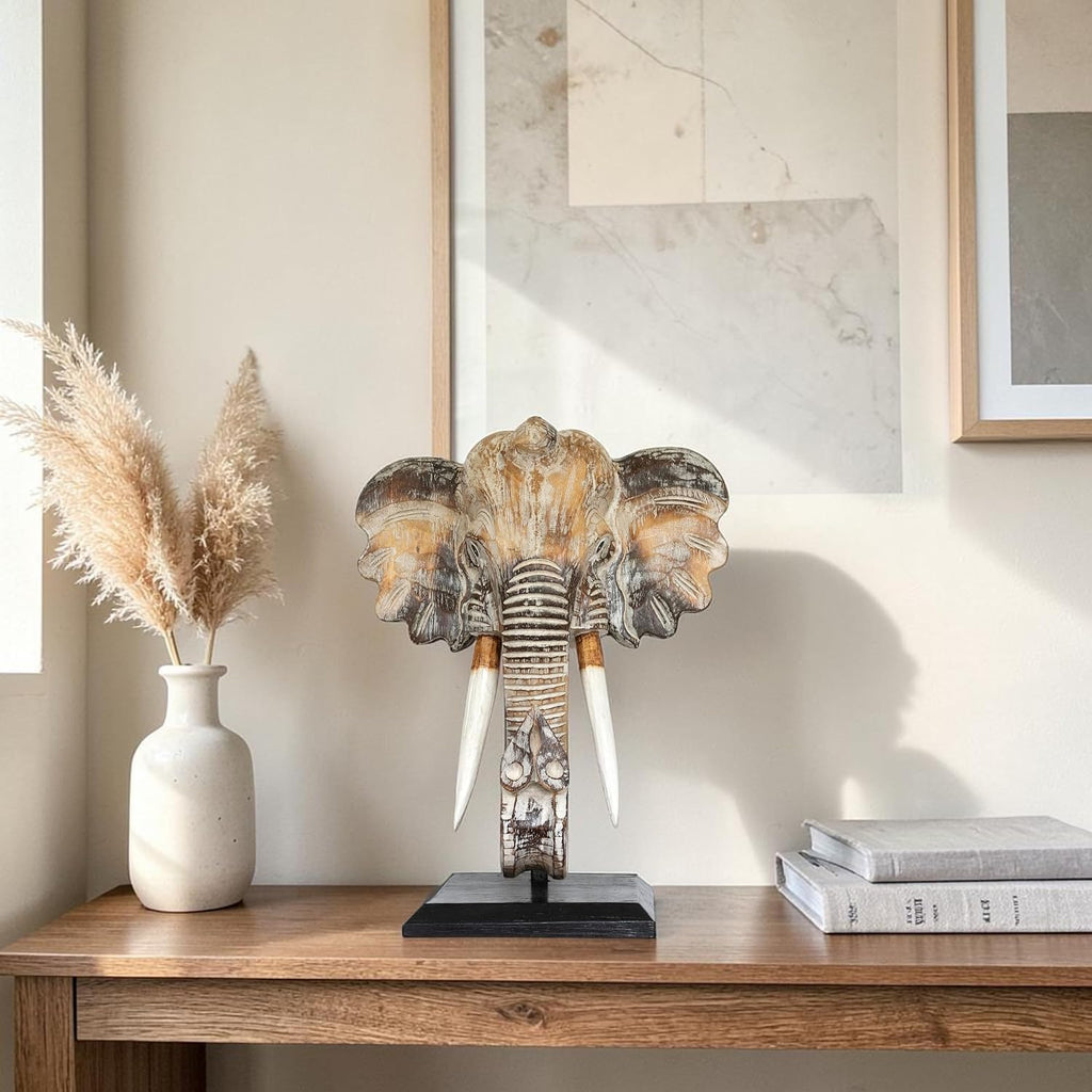 14" Exotic Handcrafted Wooden White Wash Elephant Mask Bust Statue on Stand Sculpture Home Decor Hand Carved Art