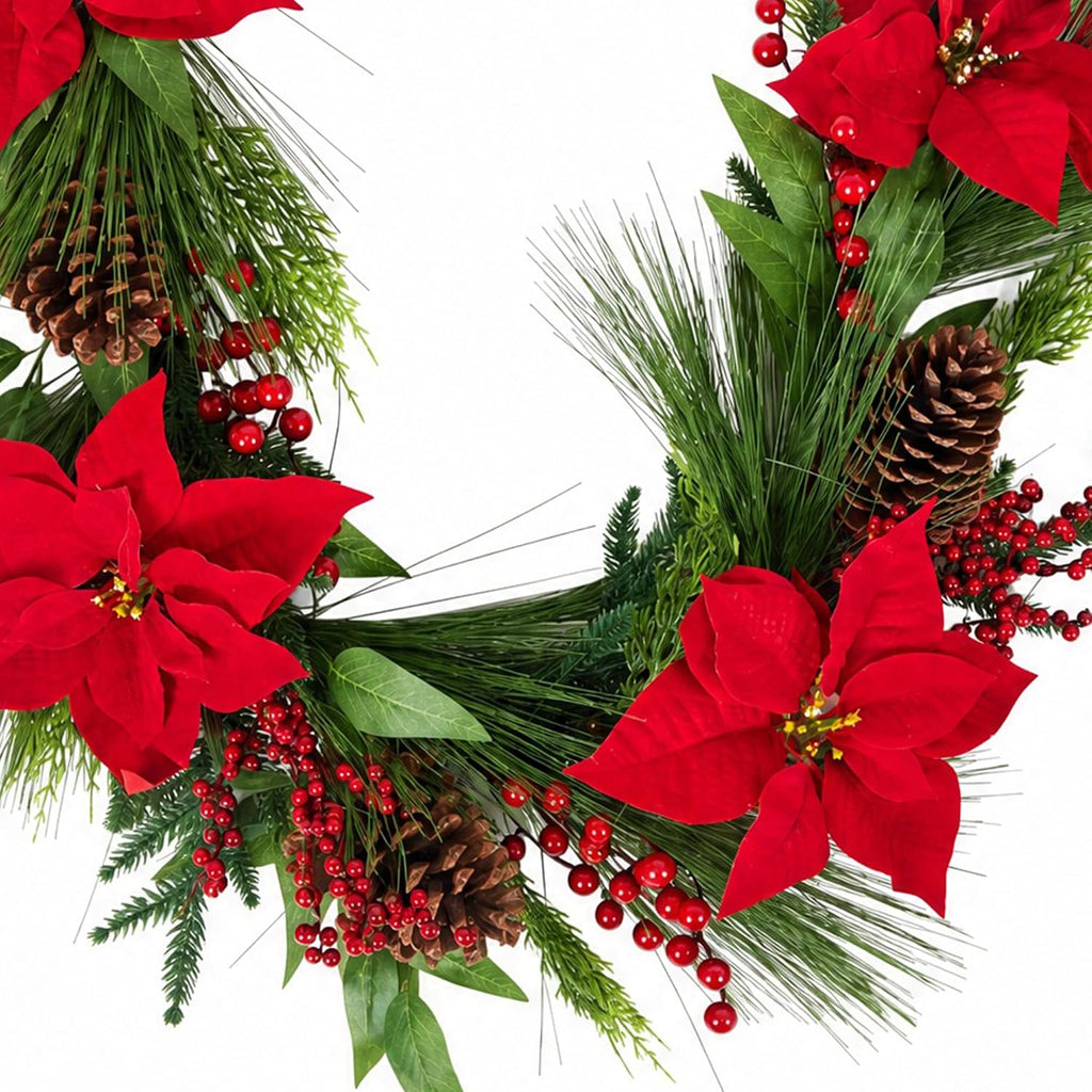 Christmas Pine Garland with Red Poinsettias, Pine Cones & Berries