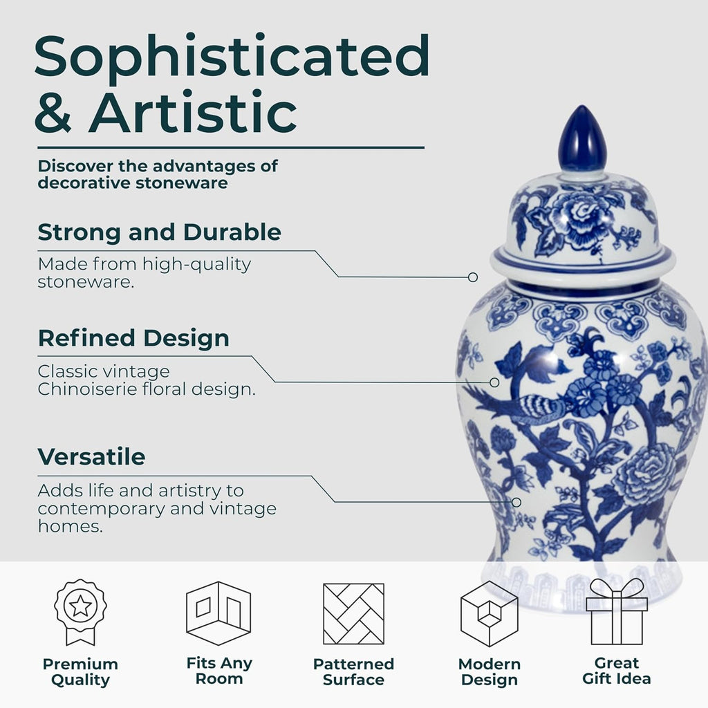 Chinoiserie Ginger Jar with Lid - Hand-Painted Ceramic Oriental Decorative Vase Decor - Modern Centerpiece - 14"