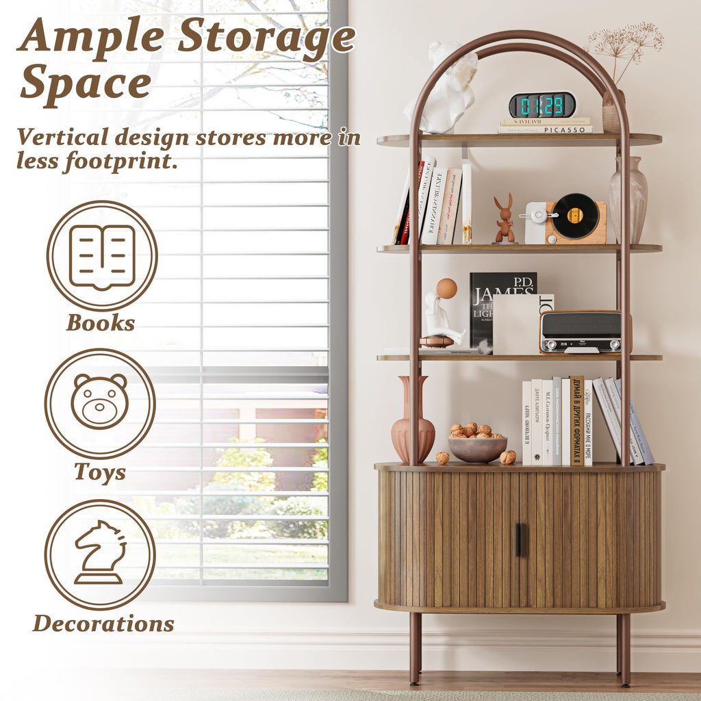 71" Tall Arched Bookshelf with Sliding Doors, 4-Tier Bookcase, Walnut
