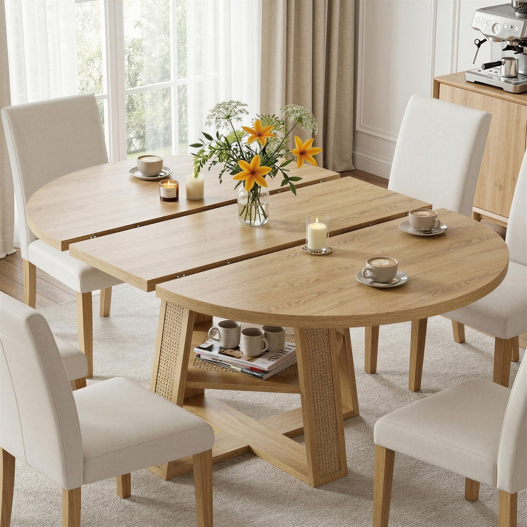 Dining Table, 43"-59" Extendable Round Table with Storage, Natural