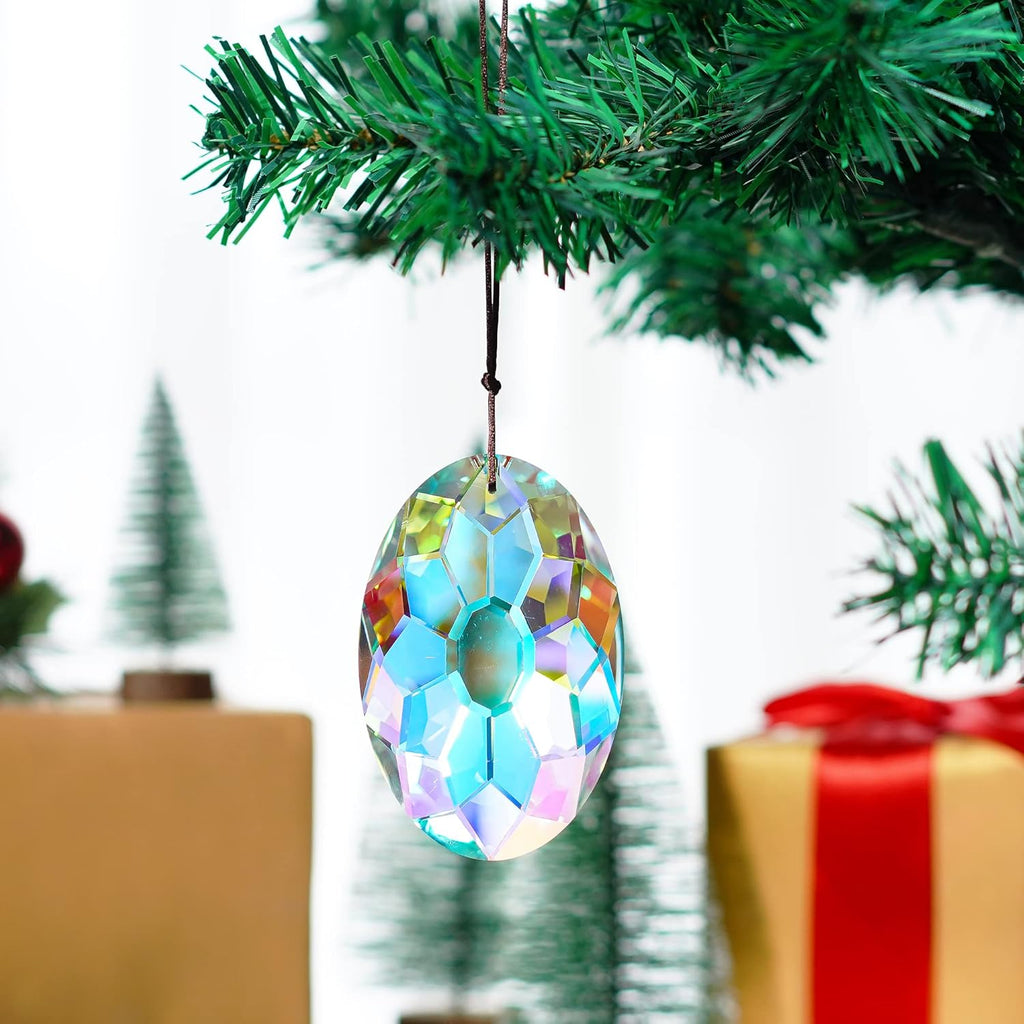 3.5 Inch Oval Crystal Prism Suncatcher, AB Rainbow Maker - AB Coating Faceted Glass Pendant, Colorful Light Catcher