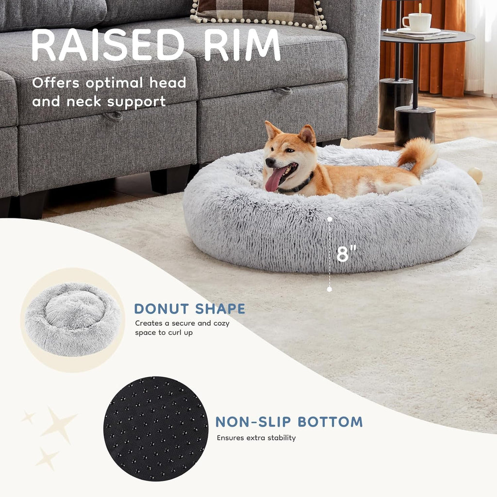 XL Donut Dog Bed for Indoor Use, Fluffy Faux Fur Plush